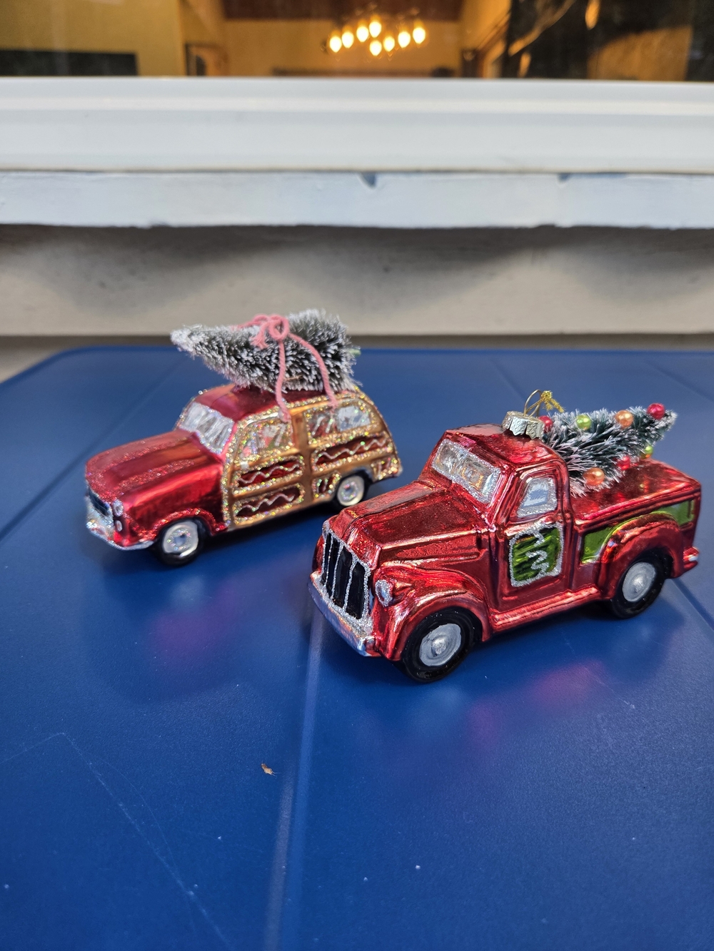 Vintage Christmas Festive Red Holiday Truck Glass Ornaments